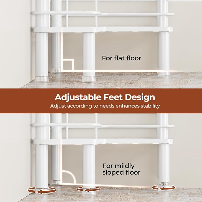 Orimade Rustproof 3 Tier Floor Standing Corner Shower Caddy Organizer with Toothbrush Holder, Large Spacing Floor Shower Shelf Rack Storage Stands with Hooks for Bathroom Kitchen, White