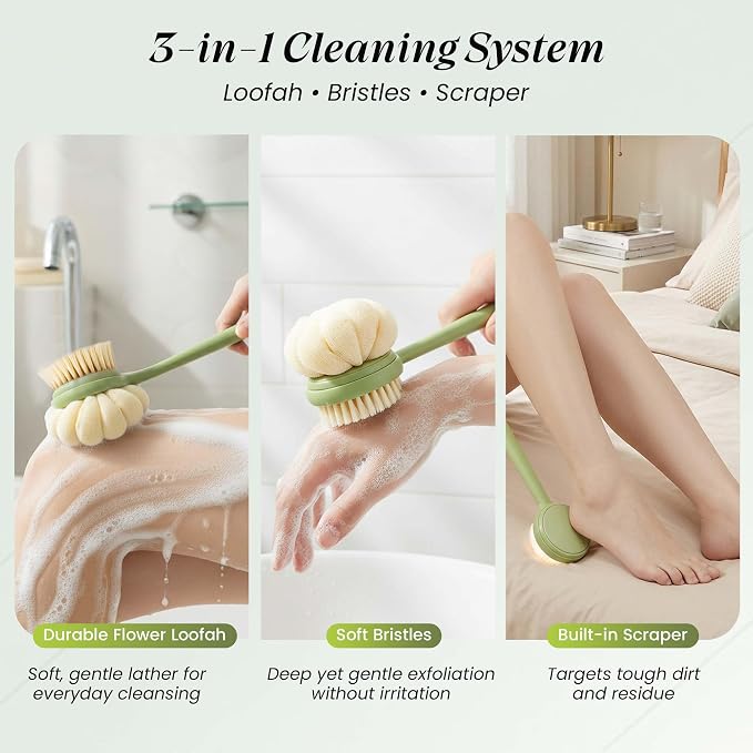 Back Scrubber for Shower with Long Handle (15.7”) – Dual-Sided Bath Brush with Loofah Sponge, Replaceable Heads, Easy Reach for Back & Body, Includes 2 Wall Hooks