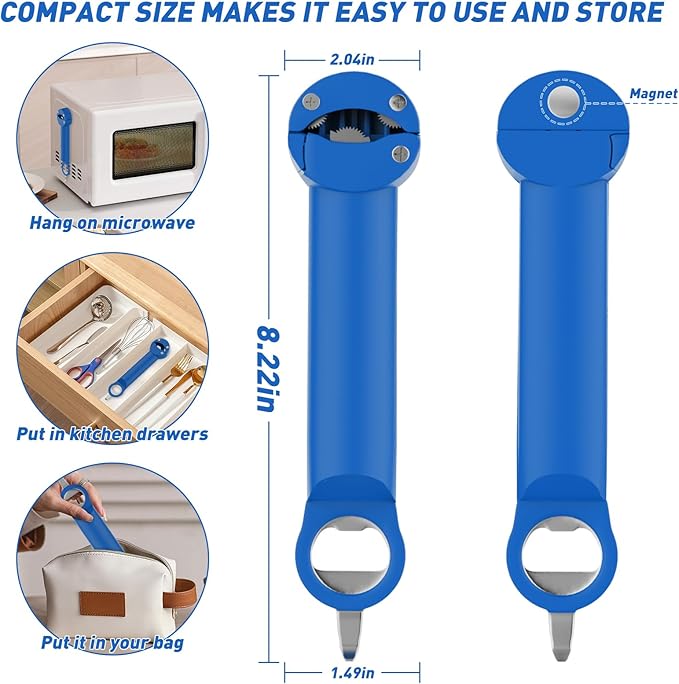 Jar Opener Bottle Opener for Seniors with Arthritis, Multi Retractable Magnetic Can Opener, Jar Grippers for Opening Jars, Kitchen Gadgets for Weak Hands and Senior Arthritis (Blue)