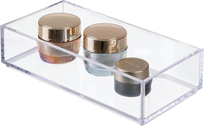 IDesign Decorative Countertop Vanity Tray Organizer for Bathroom, Bedroom, Closet, Entryway, The Clarity Collection – 4” x 8” x 2”, Clear, Small