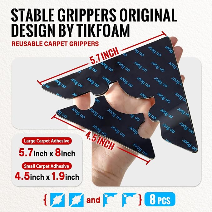 Rug Non Slip Grippers, Reusable Rug Tape, No Damaging for Floor, Carpet Corner Stickers for Hardwood Floors and Tiles, Strong Hold Carpet Gripper for Area Rugs, 8Pcs