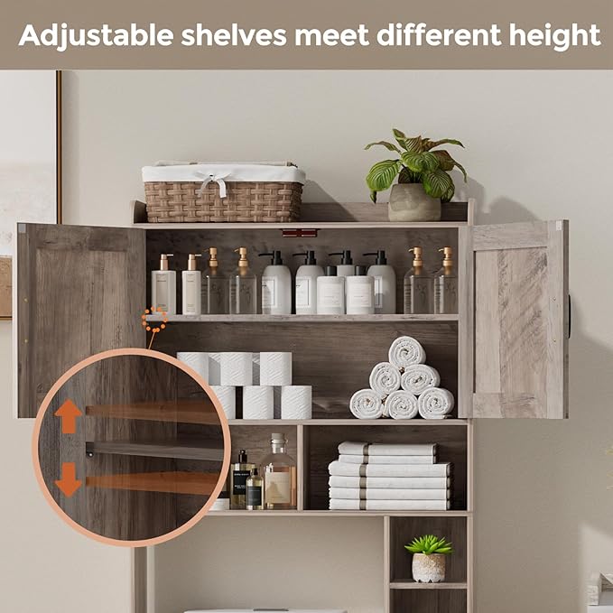 Homhedy Over The Toilet Storage Cabinet with 2 Barn Door and Toilet Paper Holder Stand, FreeStanding Toilet Shelf Space Saver, for Bathroom, Restroom, Laundry, Greige