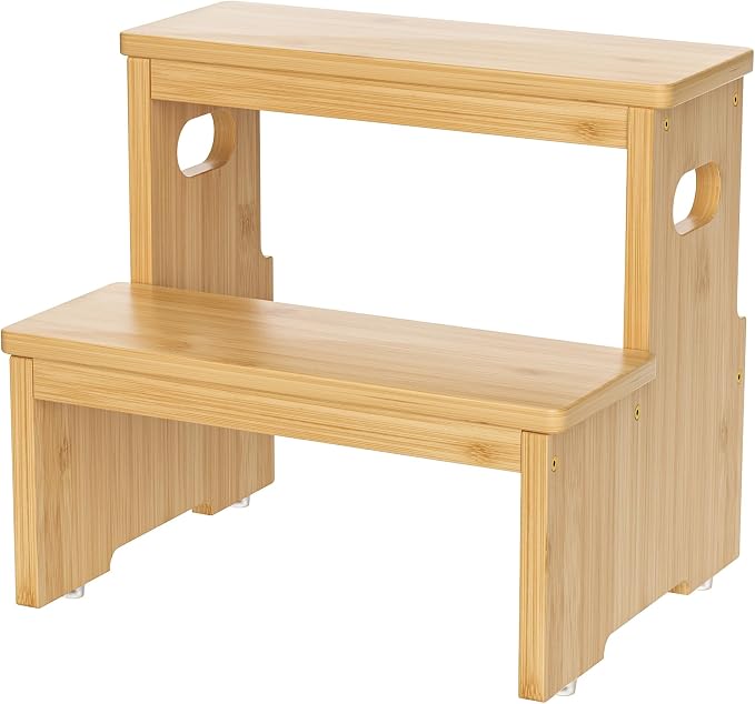 Two Step Stool for Adults and Kids, 450lbs Heavy Duty Step Stool, Bamboo Step Stool for High Beds, Portable Helper Step Stairs for Kids, for Kitchen, Bathroom, RV, Bedside Step Stool, Natural