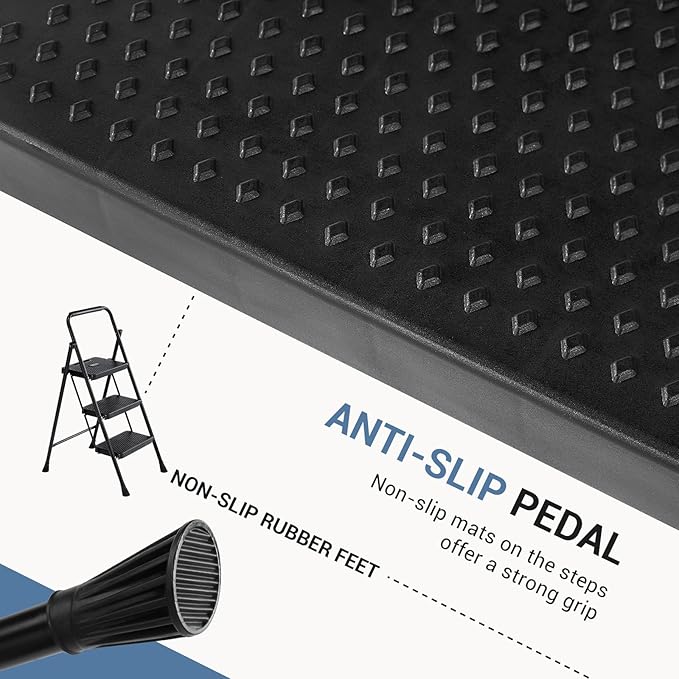 DUMOS Step Ladder, 3 Sturdy Step Stool with Anti-Slip Pedal & Comfortable Handrail, Portable Heavy Duty Step Stool for Kitchen, Garage & Outdoor Use, 800lbs, Black