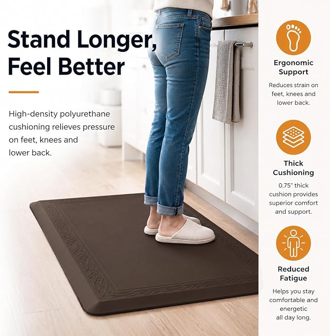 24 x 60 Inch Extra Support Anti Fatigue Comfort Kitchen Mat, Waterproof Long Kitchen Runner, Non-Slip Standing Desk Mat, Commercial Pads for Offices, Home, Garages (Bordeaux Coffee, 24'' x 60'')