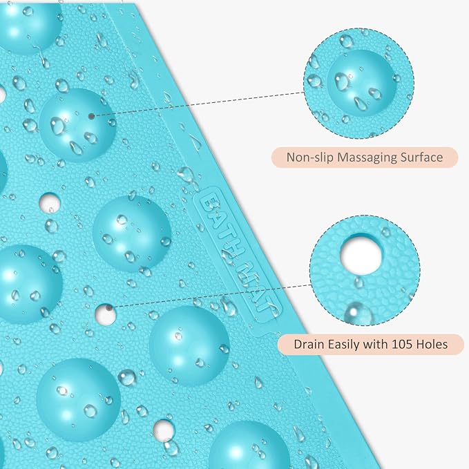WarmSnow Non Slip Shower Mats for Inside Shower 15 x 27.5 Inch, TPE Bathtub Mat Non-Slip, Bath Mat for Tub with Suction Cups, Drain Holes Bath Tub Mat for Bathroom, Blue
