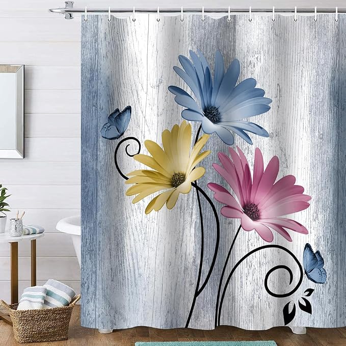 Onalasyc 4PCS Country Hot Pink Daisy Flower Farmhouse Shower Curtain Set with Shower Curtain and Carpet and Accessories, Waterproof Bathroom Shower Curtain Decorative Set with 12 pcs Hooks,71 x 71in