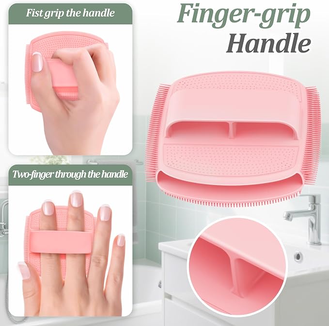 Silicone Back/Body/Face Scrubber & Lymphatic Contour Face Brush Set 4PCS, 13.4'' Soft Back Scrubber, 360° Anti-Slip Bath Glove, Unique Side-bristled Face Scrubber for All-Round Cleaning(Pink)