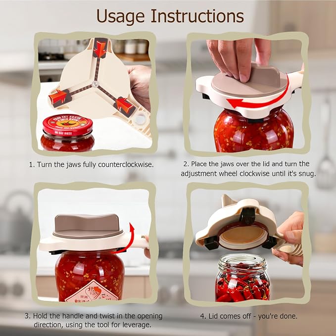 4-in-1 Jar Opener, Adjustable Jar Opener for Seniors, Kitchen Tool Designed Specifically for Seniors and Those with Limited Physical Strength, Suitable for Beer, Salad Dressing, Jar (Beige)