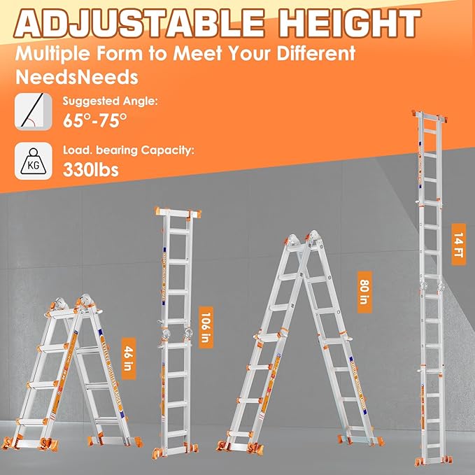 LEVELEVE Telescoping A Frame Ladder, 14FT Multi Position Ladder with Stabilizer Bar & Wheels,330 lbs Security Load for Stairs Home Indoor Outdoor Roof