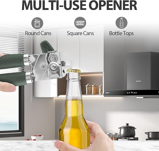 Safring Can Opener Manual, Heavy Duty Handheld Strong Can Opener with Soft Touch Handle, Sharp Blade Smooth Edge, Can Openers with Multifunctional Bottle Opener, Hunter Green