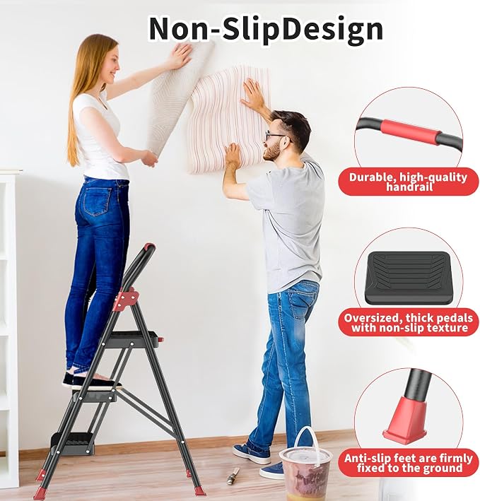 DIAMONDFORGE 3 Step Ladder, Folding Step Stool with Anti-Slip Wide Pedal, Soft Handle, Anti-Slip Feet, Sturdiest Steel Construction, 900lbs Capacity Steel Ladder for Home and Office, BlackRed