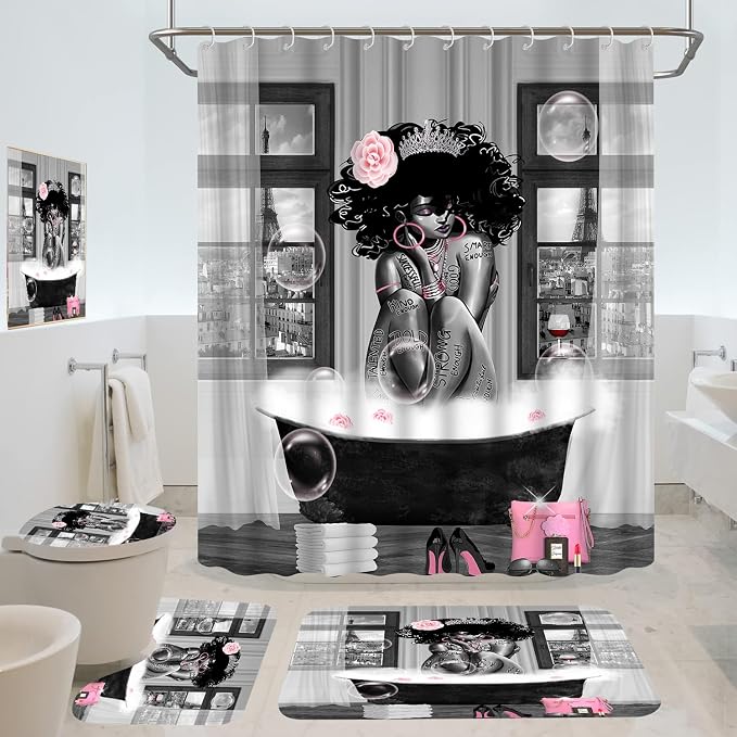 5Pcs Black Girl Shower Curtain Set with Decorative Painting, African American Wall Painting Bathroom Sets with Shower Curtain and Rugs, Trendy Women’s Bathroom Pictures for Wall Art Decor