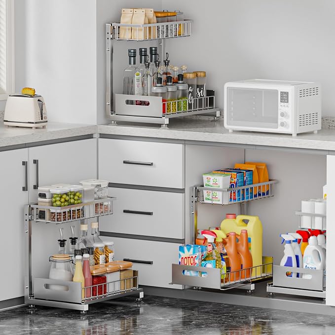 L-Shaped Under Sink Organizer, 2-Tier Pull Out Metal Kitchen Cabinet Organizer with Sliding Storage Drawer, Height Adjustable Heavy Duty Under Bathroom Sink Storage for Cleaning Supplies 1 Pack