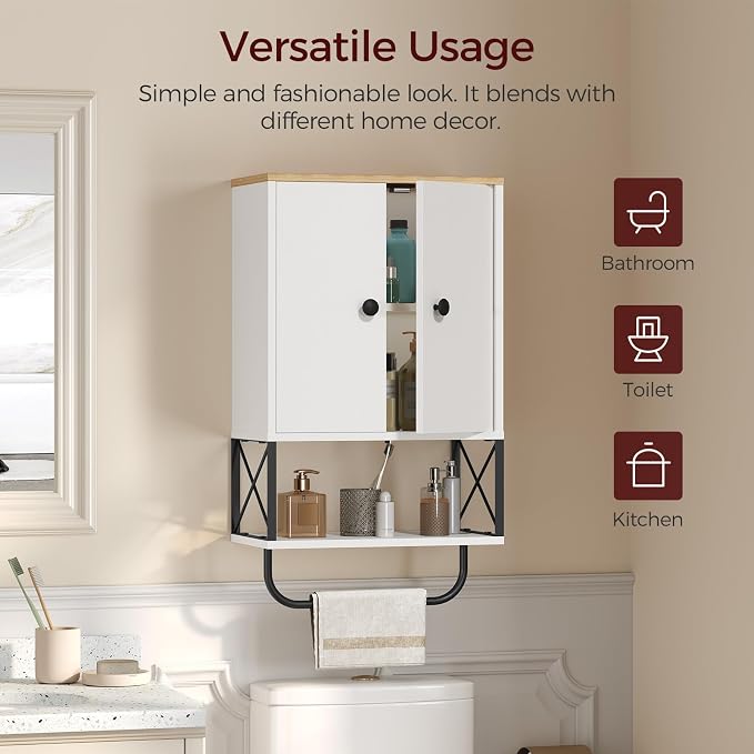 MAHANCRIS Bathroom Wall Cabinet with 2 Door and Adjustable Shelf, Medicine Cabinet with Towel Rack, 3-Tier Wall Mounted Storage Cabinet Over The Toilet for Bathroom Laundry Room, White and Natural