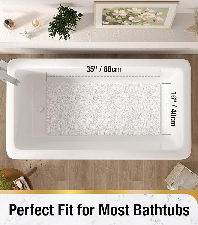 HITSLAM Bathtub Mat Non Slip, 35 x 16 Inch Long Soft PVC Loofah Shower Mat, Bath Mat for Tub Without Suction Cups, Quick Drying Bath Tub Mat for Shower and Bathroom, Easy to Clean, White
