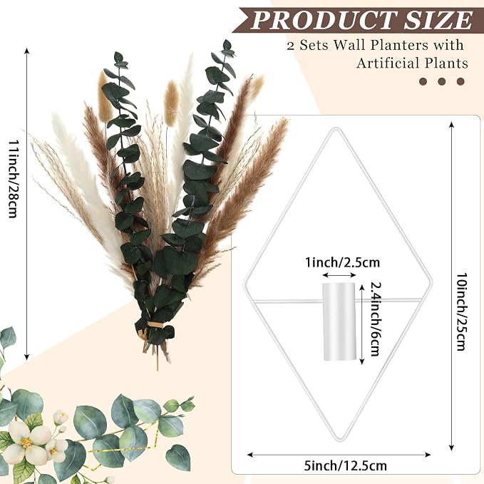 Jexine 4 Pcs Hanging Planters with Artificial Pampas White Metal Hanging Vase Indoor Plants Holder Modern Geometric Boho Bathroom Wall Decor for Living Room Home Office