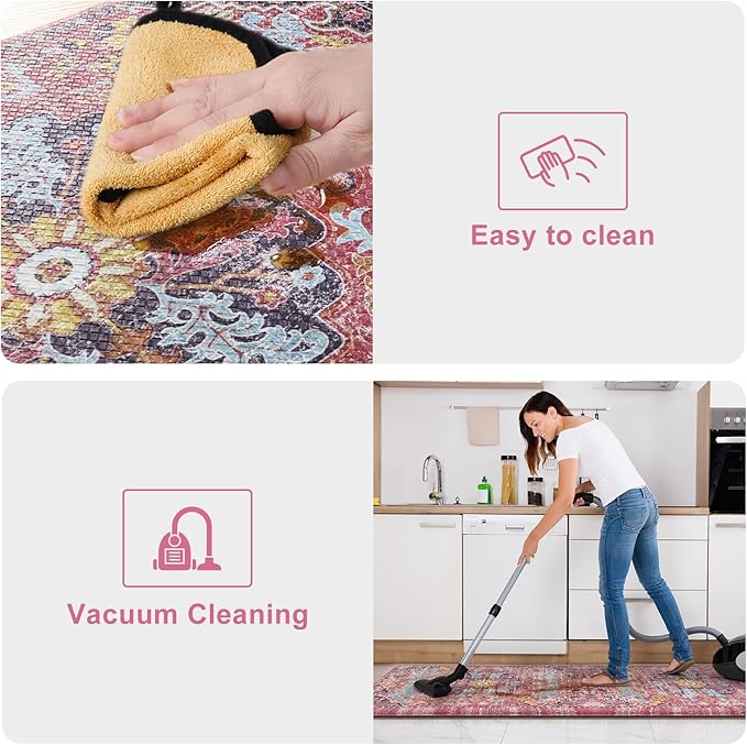 KIMODE Anti Fatigue Kitchen Mat, 17"x47"+17"x29" Boho Vintage Kitchen Rugs Sets of 2, Non-Slip Kitchen Mats for Floor, Cushioned Kitchen Floor Mats for Sink, Laundry, Office, Desk,Fuchsia/Multi
