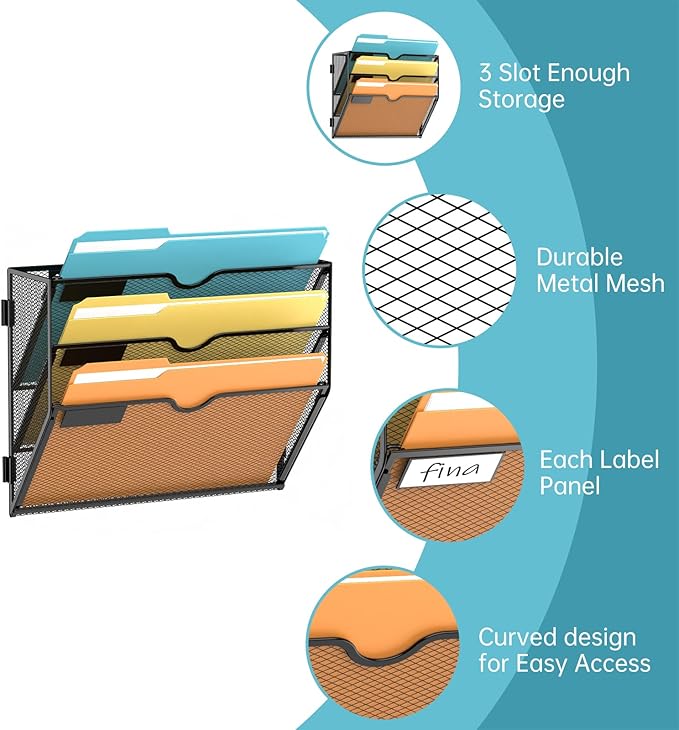 SUPEASY 3 Tier Wall File Organizer, Hanging Wall Mounted Mail Organizer with Label Slots, Metal Mesh File Holder Magazine Rack for Office, Home, School or Classroom, Black, 2Pack
