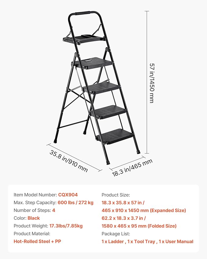 VEVOR 4 Step Ladder, Folding Step Stool with Wide Anti-Slip Pedal, Tool Tray, Comfort Handgrip, 600 lbs Capacity Portable Steel Ladder, Multi-Use for Kitchen, Home, Household and Office, Black