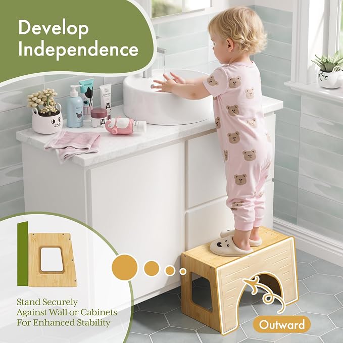 AmazerBath Toilet Stool for Toddler Potty Training, 3-in-1 Sturdy Bamboo One Step Squat Poop Foot Stool, Non-Slip Baby & Kids Potty Step Stool for Bathroom Sink, Kitchen Counter, Bedroom, Closet, 9"