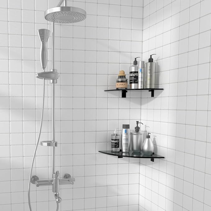 Bakzon 2-Pack Glass Shelf Shower Caddie, Shower Shelves for Inside Shower, Drilling Free Adhesive Wall Mounted Bathroom Organizer Shelves with Aluminium Brackets, Black