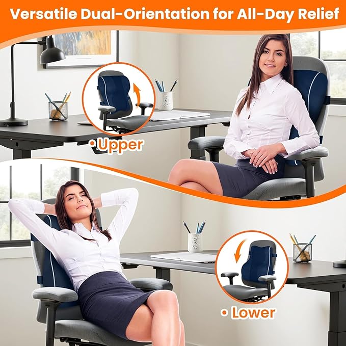 CloudBliss Ergonomic Lumbar Support Pillow Seat Cuhsion - Memory Foam for Lower Back Pain Relief, Adjustable Straps & Mesh Cover for Office, Gaming, Car Seat (XL, Blue)
