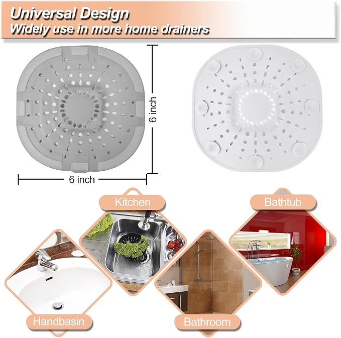 Hair Drain Catcher,Square Drain Cover for Shower Silicone Hair Stopper with Suction Cup,Easy to Install Suit for Bathroom,Bathtub,Kitchen 2 Pack (Light White Grey)