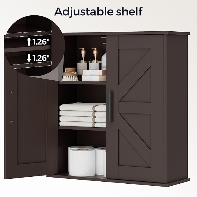 Homleke Bathroom Wall Cabinet, Over Toilet Storage Cabinet with Barn Doors and Adjustable Shelves, 3-Tier Medicine Cabinet Wall Mounted, for Bathroom, Kitchen, Entryway, Laundry Room, Brown, (7.9" D)