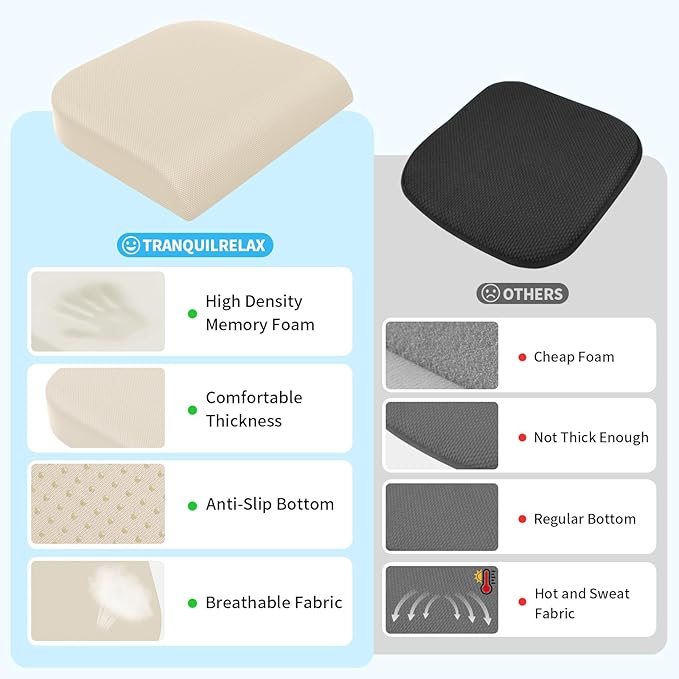 TranquilRelax XLarge Seat Cushion, Memory Foam Cushion for Long Sitting Hours on Office Chair, Home & Car, Non-Slip Chair Pad for Relieving Back & Sciatica & Hip & Coccyx Pain (Khaki)