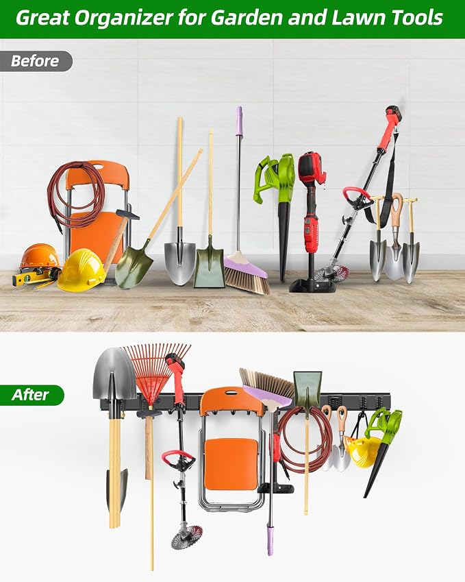 PIYILO 64 inches Garage Tool Organizer Wall Mount, Garden Tool Organizer Rack Heavy Duty, Hanging Storage Organization Racks Holder with 10 Hooks, for Lawn Tools, Shovel, Shed