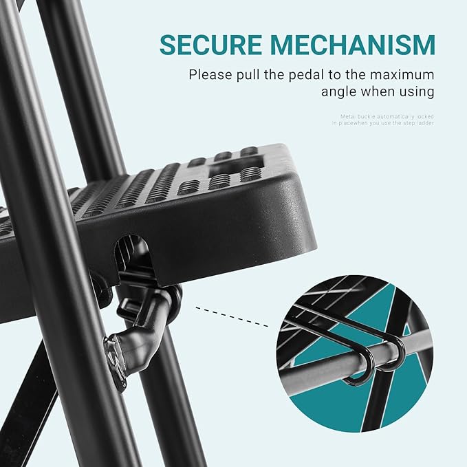 Smug Step Ladder, 3 Step Stool Foldable with Anti-Slip Pedal & Comfortable Handrail, 800lbs Capacity Sturdy Steel Ladder, Protable Heavy Duty Steel Stool for Kitchen, Garage & Outdoor Use, Black