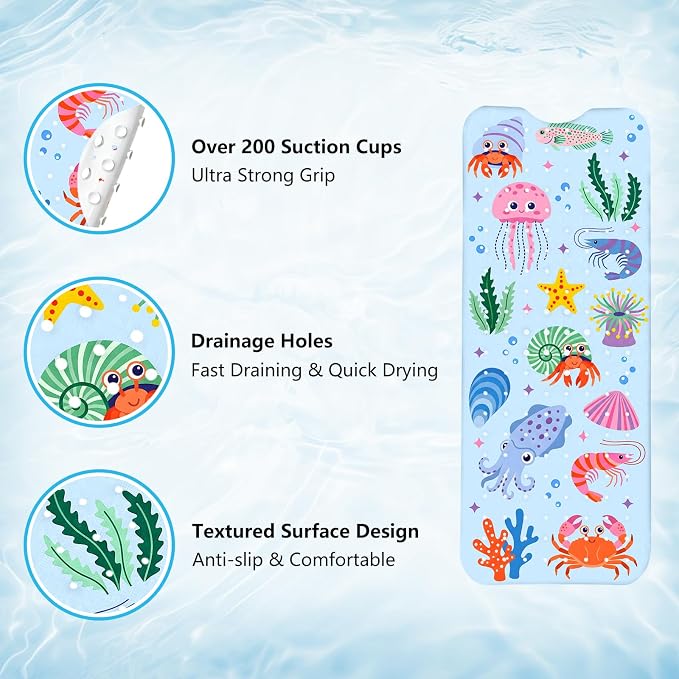 Bath Mats for Tub Kids Baby, Large Cartoon Sea Baby Bathtub Mat Non Slip, Machine Washable, 40"x16" Long Tub Mats with Suction Cups & Drain Holes, Non Slip Baby Shower Mat for Toddler(Sea Animal)