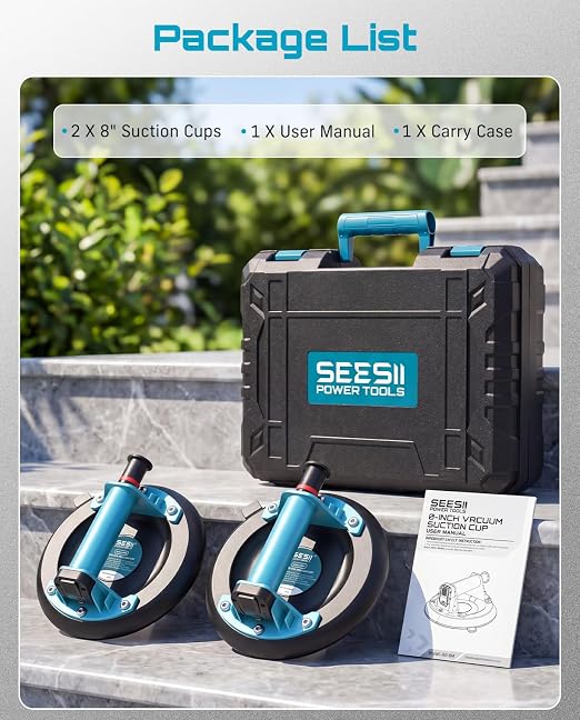 SEESII Suction Cups for Glass Lifting: 8" Tile Suction Cup Lifter with Handle and Pump, 200KG Load Capacity Heavy Duty Vacuum Lifter for Lifting Large Tile, Granite, Metal, Windows (2-Pack)