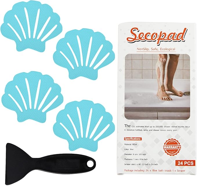 Secopad Non-Slip Bathtub Stickers, 24 PCS Shell Safety Bathroom Tubs Showers Treads Adhesive Decals Scraper (Blue)