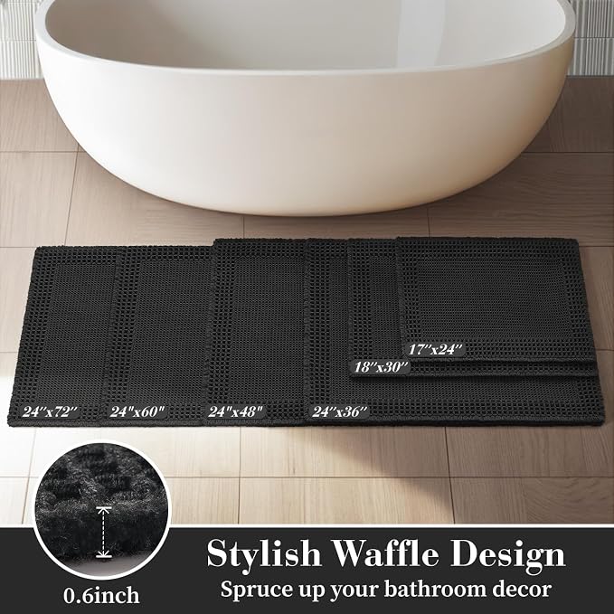 RESARE Waffle Bathroom Runner Rugs, Super Absorbent Bath Mat Non Slip Washable Quick Dry, Upgraded Ultra Soft Boho Bath Rugs with Tassels, Farmhouse Home Decor Accessories, 2'x6'(24"x72") Black