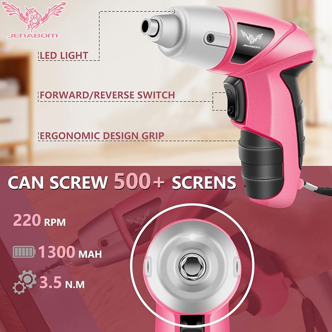 JENABOM Cordless Electric Screwdriver, Power Screw Driver Set with Pink Compact Tool Kit for Small Repair and Maintenance- Ideal Housewarming Gift, 112Pcs