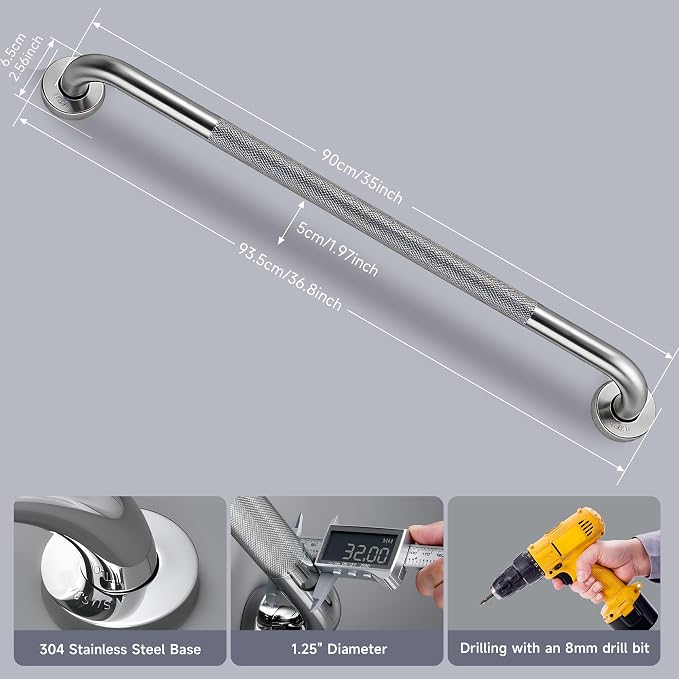 36 Inch Shower Grab Bar 1.25" Dia,Brushed Nickel Anti Slip Bathroom Grab Bar, 304 Stainless Steel Knurled Handicap Grab Bars, Safety Support Handrail, Bath Shower Handle for Elderly Injury Senior