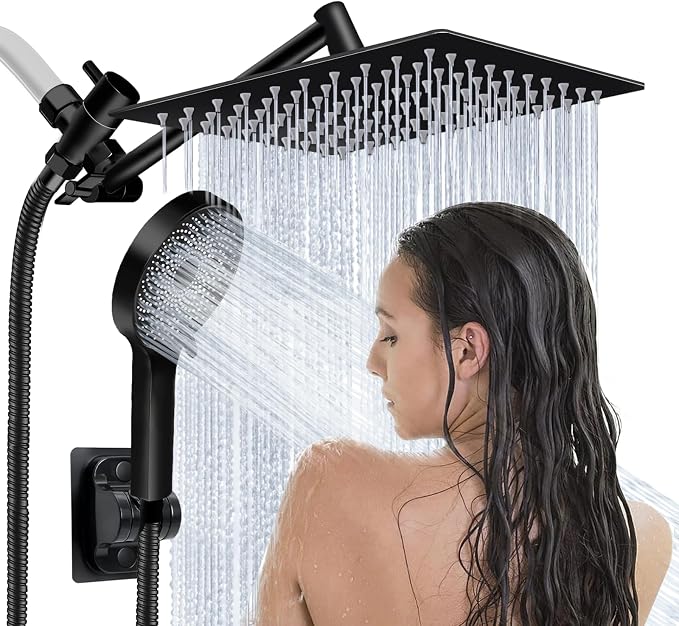 Shower Head,8”Rain Shower Head with Handheld Spray Combo and Adjustable Extension Arm/3-Way Flow Regulator/Shower System,High Pressure Rain Fall Hose,Matt Black
