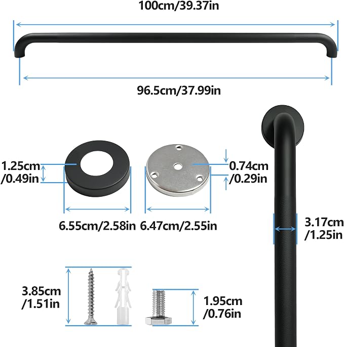Shower Grab Bar, 2 Pack 39.4 Inch Black Bathroom Grab Bar, 1.25" Diameter 304 Stainless Steel Anti-Slip Grab Bars for Bathtubs and Showers, Handicap Shower Grab Bar for Seniors Elderly