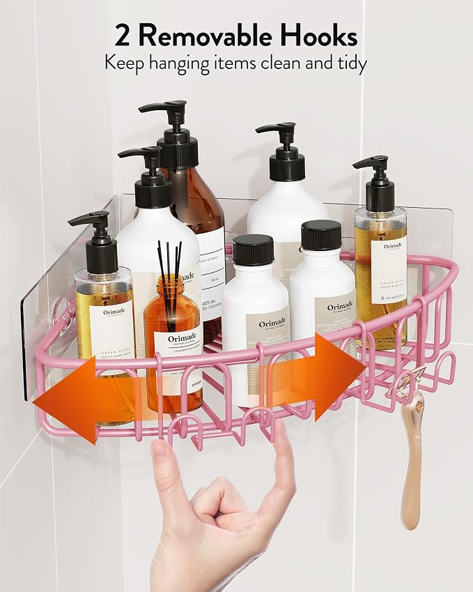 Orimade Corner Shower Caddy with 2 Hooks Wall Mounted Metal Bathroom Shelf Storage Organizer Adhesive No Drilling 2 Pack, Pink Only for 90-Degree Corner