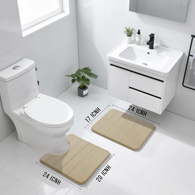Yimobra U-Shaped Toilet Bath Mat Set 2 Piece - Soft Absorbent Quick Dry Memory Foam Bathroom Rugs, Machine Washable Non Slip Floor Carpet for Tub Shower & Single Sink (17x24 & 24x20, Pale Khaki)