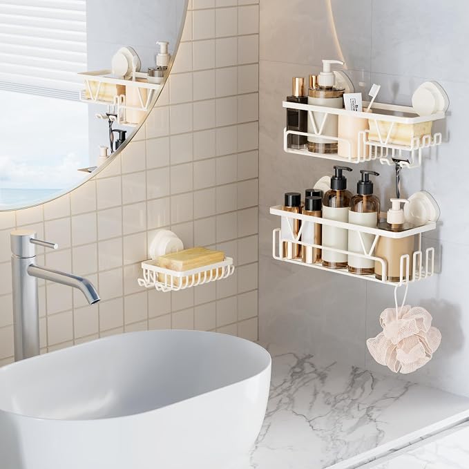 KEGII Shower Caddy Suction Cup – 3 Pack Suction Bathroom Organizer Shelf with Soap Holder & Hooks, Rustproof Removable Shower Organizer for Shampoo, Metal Bathroom Storage Rack, Cream White