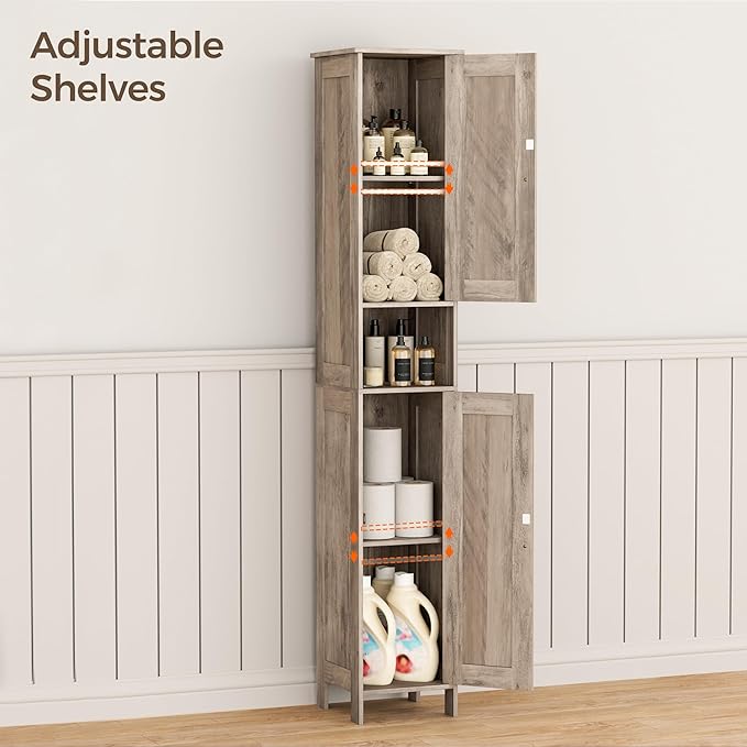 Homleke Tall Bathroom Storage Cabinet with 2 Doors, 67"H Narrow Storage Cabinet with Adjustable Shelves& Anti-Tip Design, Reversible Door Installation, Easy Assembly, 11.8 x 11.8 x 66.9 Inches, Greige