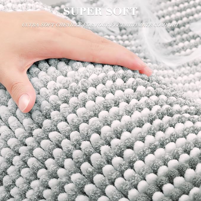 BSICPRO Bathroom Rugs and Mats Sets, 2 Piece Thick Absorbent Chenille Bath Mat Rug Set Non Slip, Soft Shaggy Bath Room Floor Mats for Bathroom, Machine Washable (Light Gray, 24" x 70" Plus 20" x 32")