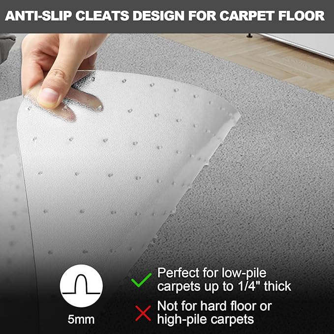 Chair Mat for Carpet- Low Pile (1/4" Thick) Carpet Protector for Office Gaming Computer Desk Chair. Heavy Duty Desk Chair Mat for Carpeted Floors, Semi Transparent (with Lip)