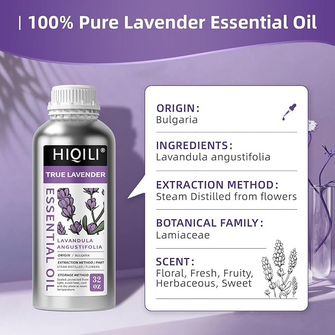HIQILI 32 fl oz Lavender Essential Oil Large Capacity, 100% Natural for Aromatherapy, DIY Candle & Soap Making, Skin Moisturizing. Suitable for Hotels, DIY Studios, Spas and Hair Salons