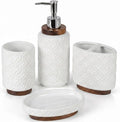 RQYIXI 4 Piece Bathroom Accessories Set, White Ceramic Bath Accessory Set with Wood Accents, Soap Dispenser, Toothbrush Holder, Tumbler and Soap Dish, Elegant Bathroom Countertop Decor