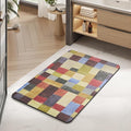 MontVoo -Bath Mat-Non Slip Thin Bathroom Rugs Fit Under Door- Quick Dry Absorbent Faux Suede Surface Grey Bathroom Floor Mats-Shower Rug for in Front of Bathtub Shower Retro Colors Plaid 17x27.5