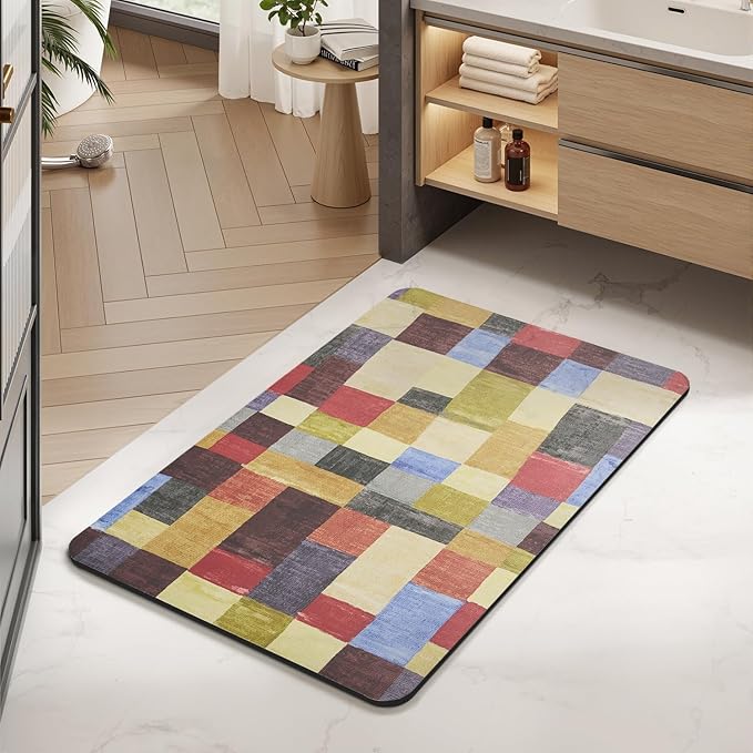 MontVoo -Bath Mat-Non Slip Thin Bathroom Rugs Fit Under Door- Quick Dry Absorbent Faux Suede Surface Grey Bathroom Floor Mats-Shower Rug for in Front of Bathtub Shower Retro Colors Plaid 17x27.5